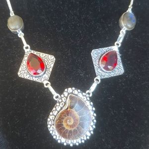 Ammonite Fossil, Labradorite and Faceted Garnet 925 Silver Necklace.